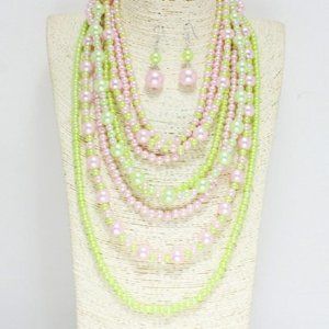 PINK AND GREEN PEARL NECKLACE WITH EARRINGS